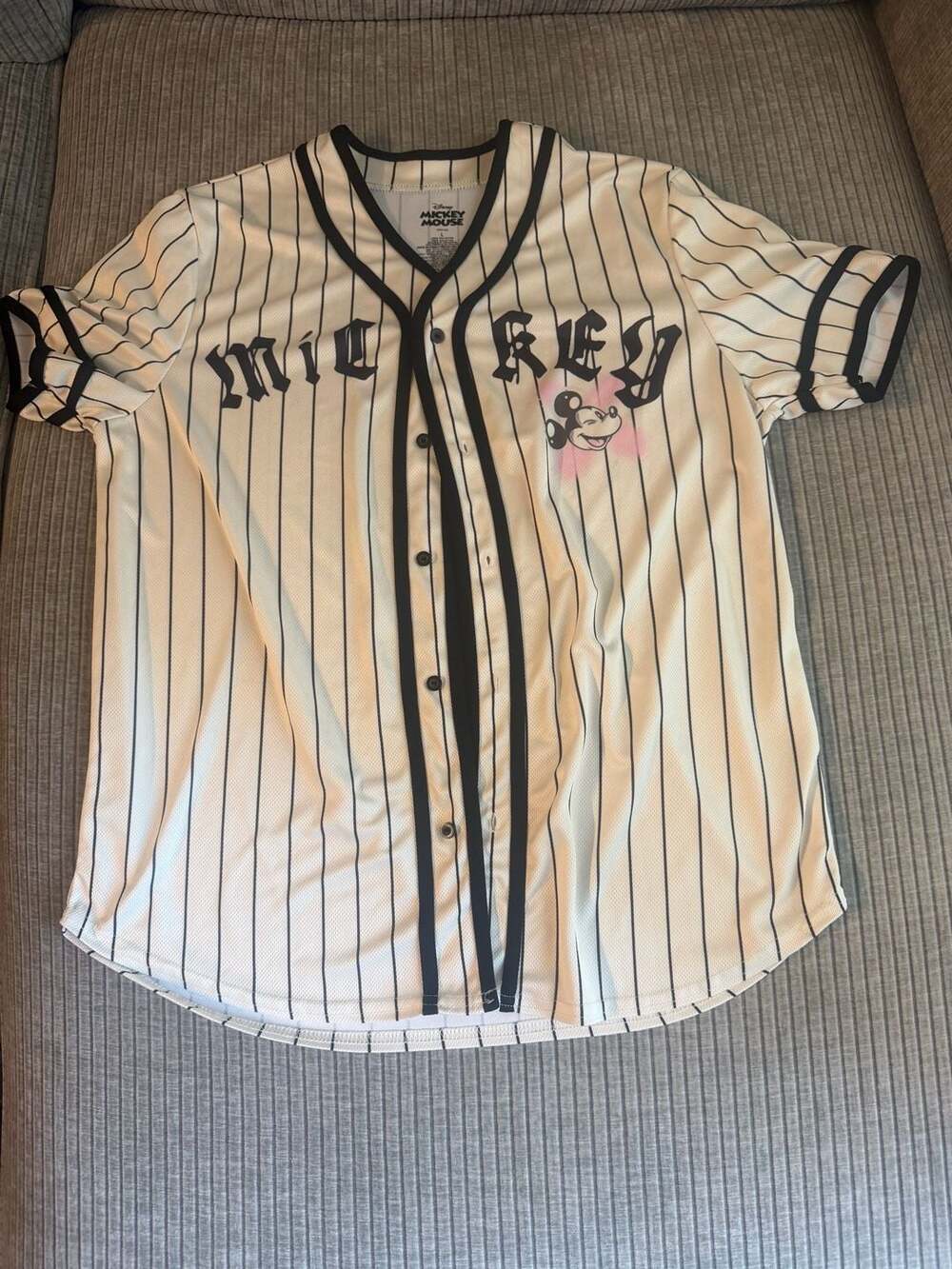 Disney Mickey Mouse Pinstripe Baseball Jersey with Spray Paint Style Graphics